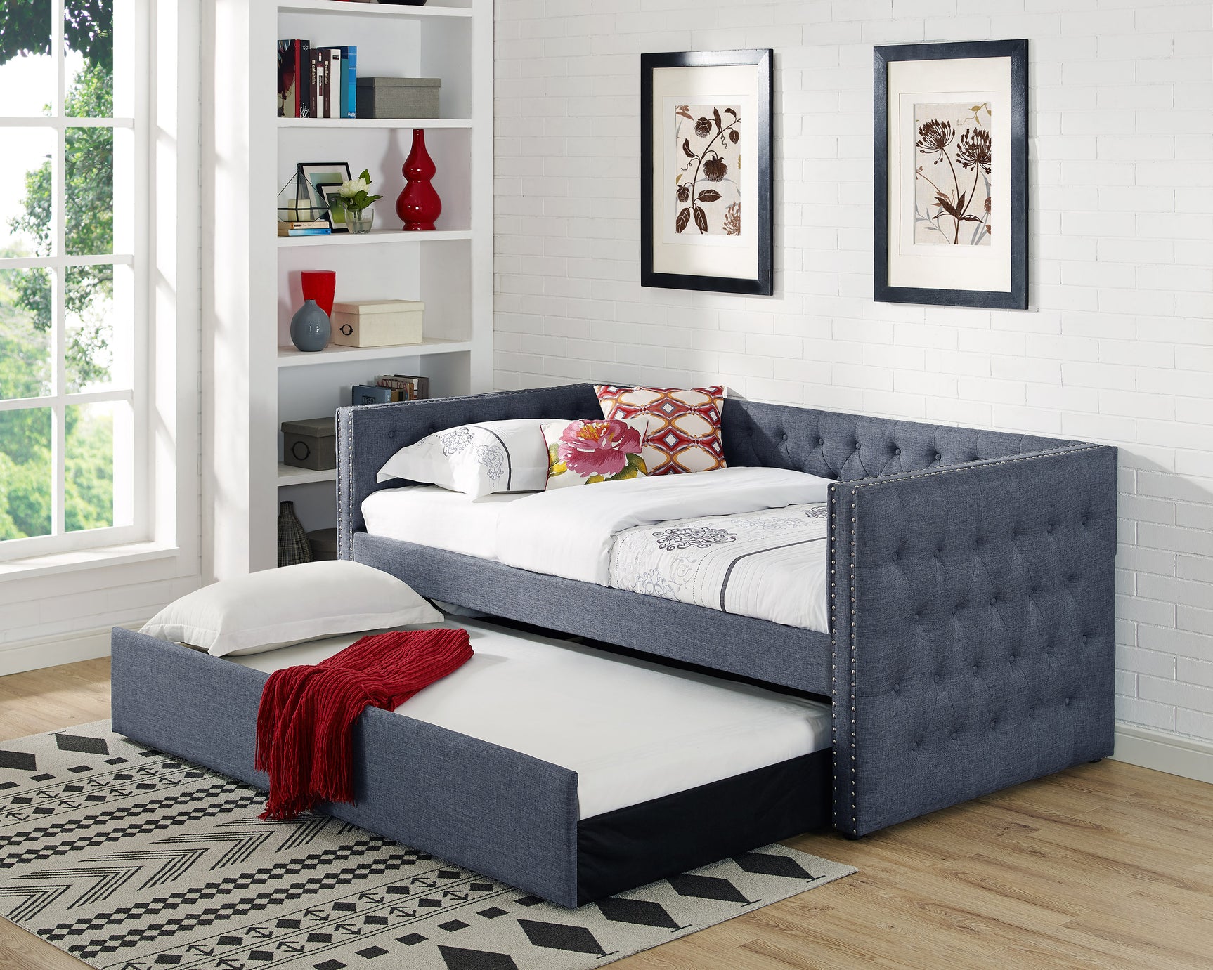 Trina Gunmetal Fabric Upholstered Trundle Tufted Daybed