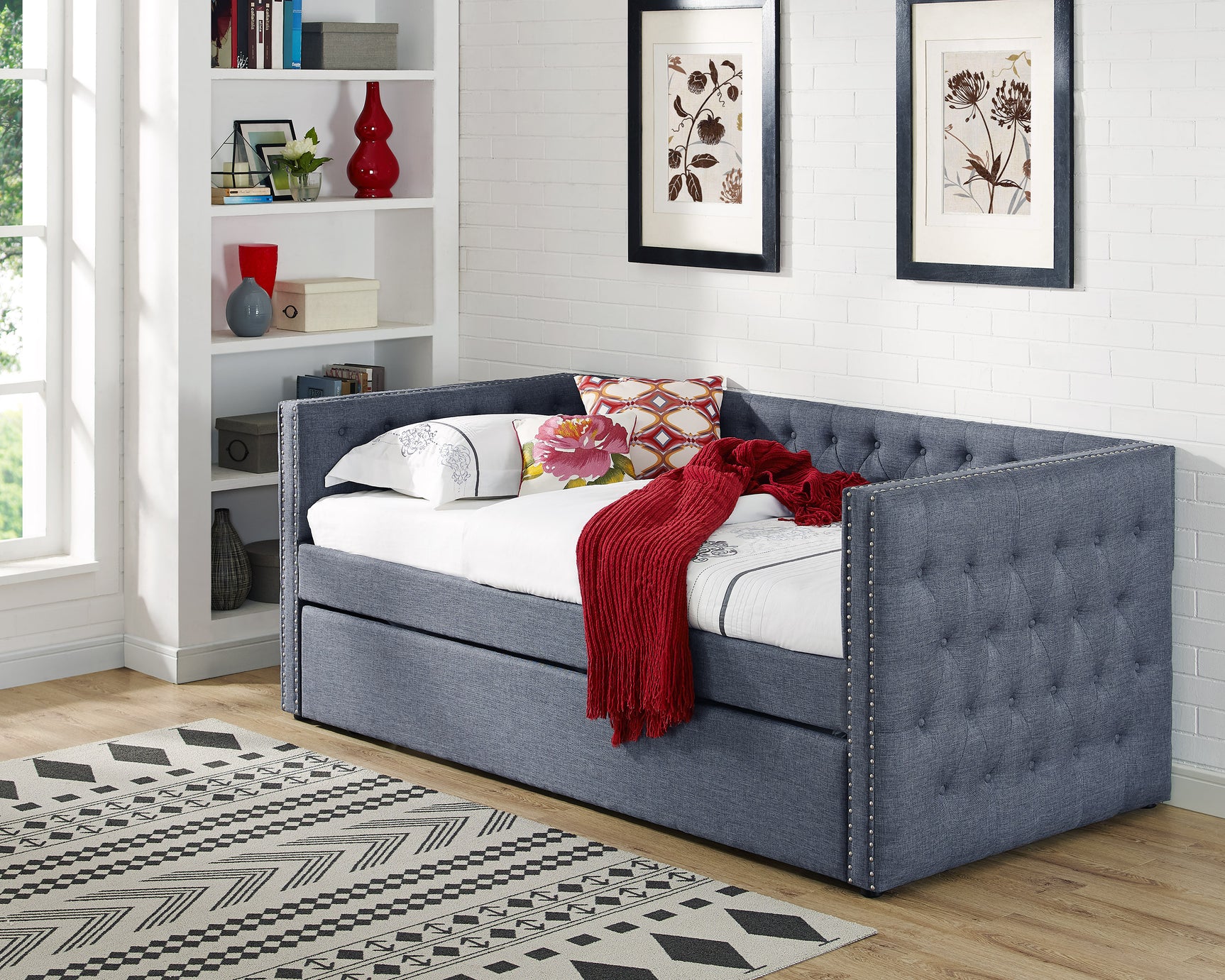Trina Gunmetal Fabric Upholstered Trundle Tufted Daybed