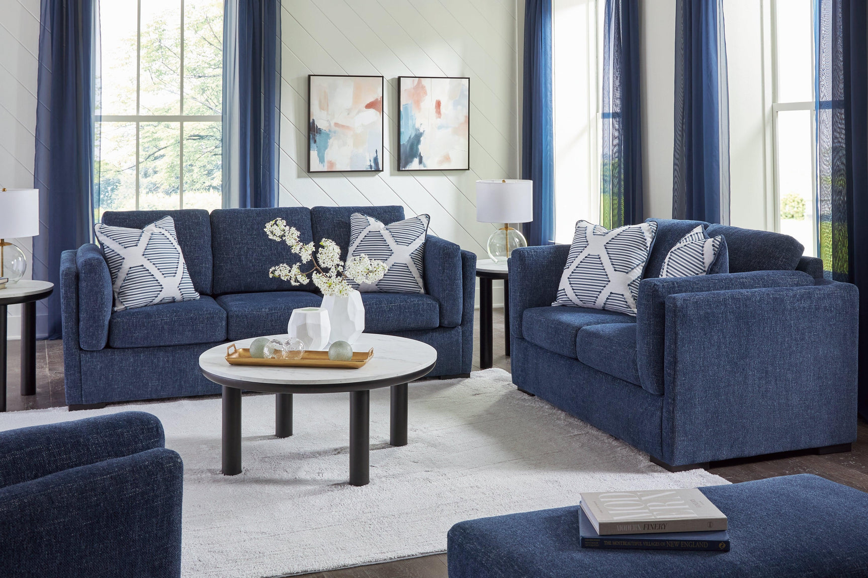 Evansley Navy Sofa, Loveseat, Chair and Ottoman