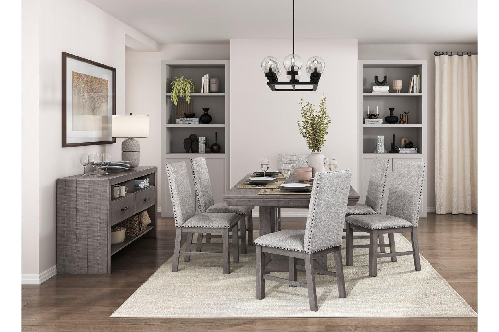 Gresham Gray Modern Rustic Acacia Veneer Solid Wood Gray Fabric Upholstery Dining Room Set - Ella Furniture