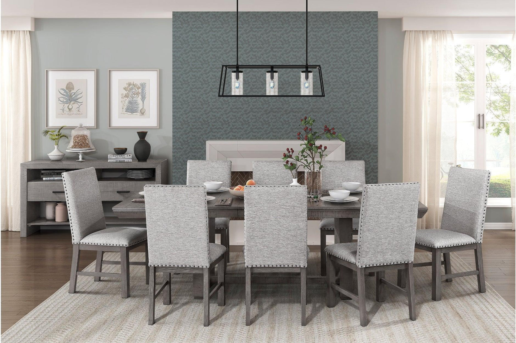 Gresham Gray Modern Rustic Acacia Veneer Solid Wood Gray Fabric Upholstery Dining Room Set - Ella Furniture