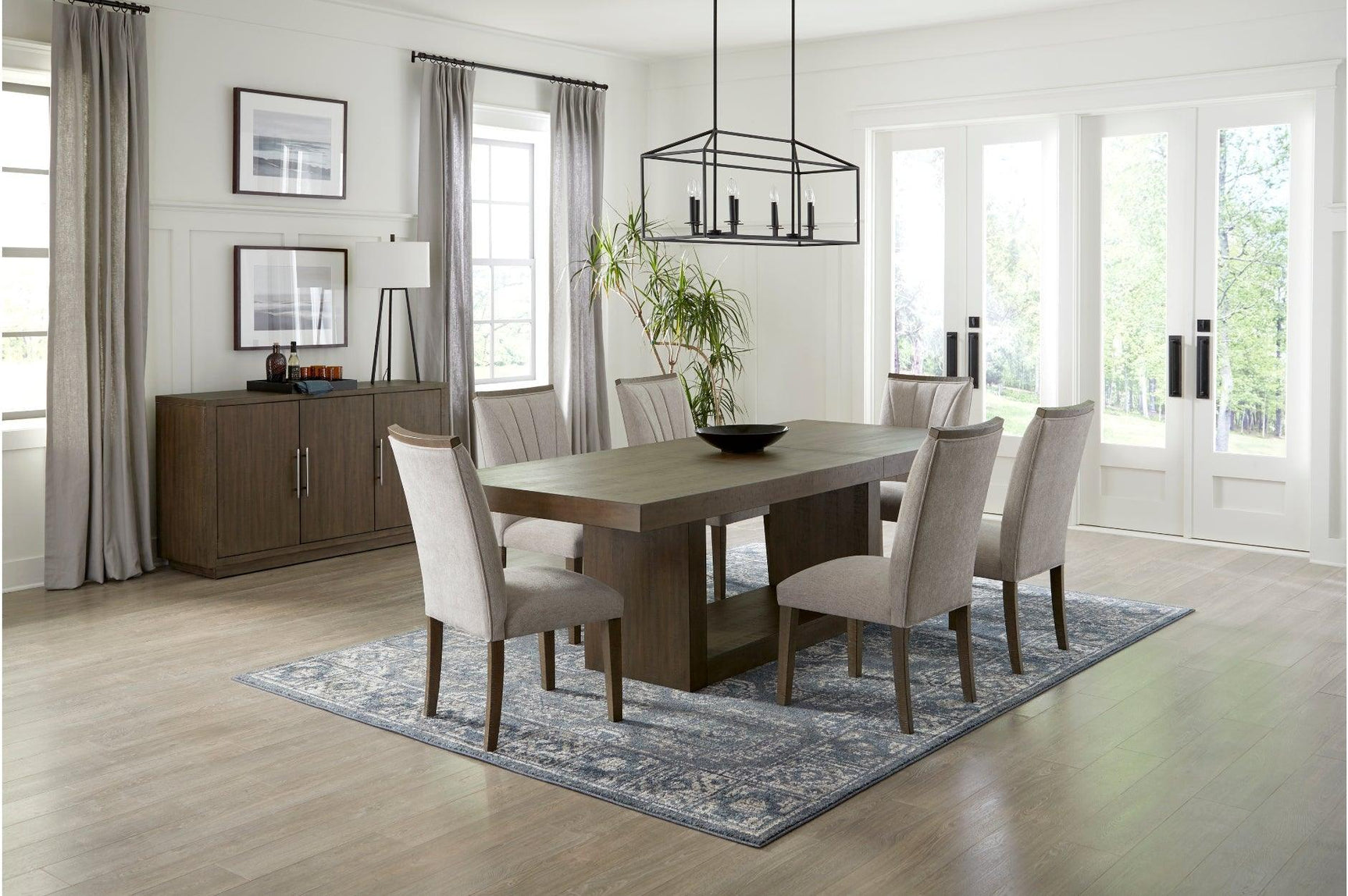 Brookings Brown Contemporary Acacia Veneer Solid Wood Beige Fabric Dining Room Set - Ella Furniture