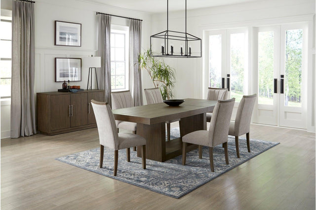 Brookings Brown Contemporary Acacia Veneer Solid Wood Beige Fabric Dining Room Set - Ella Furniture