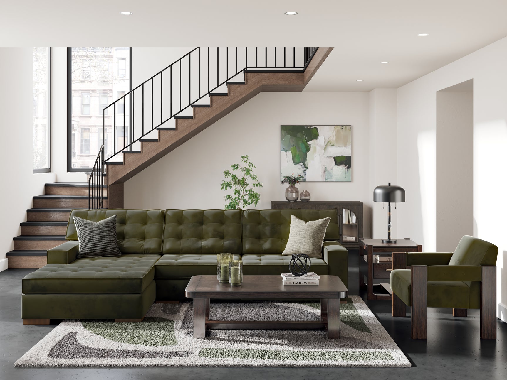 Caspian-Town Olive 2-Piece Sectional with Chaise