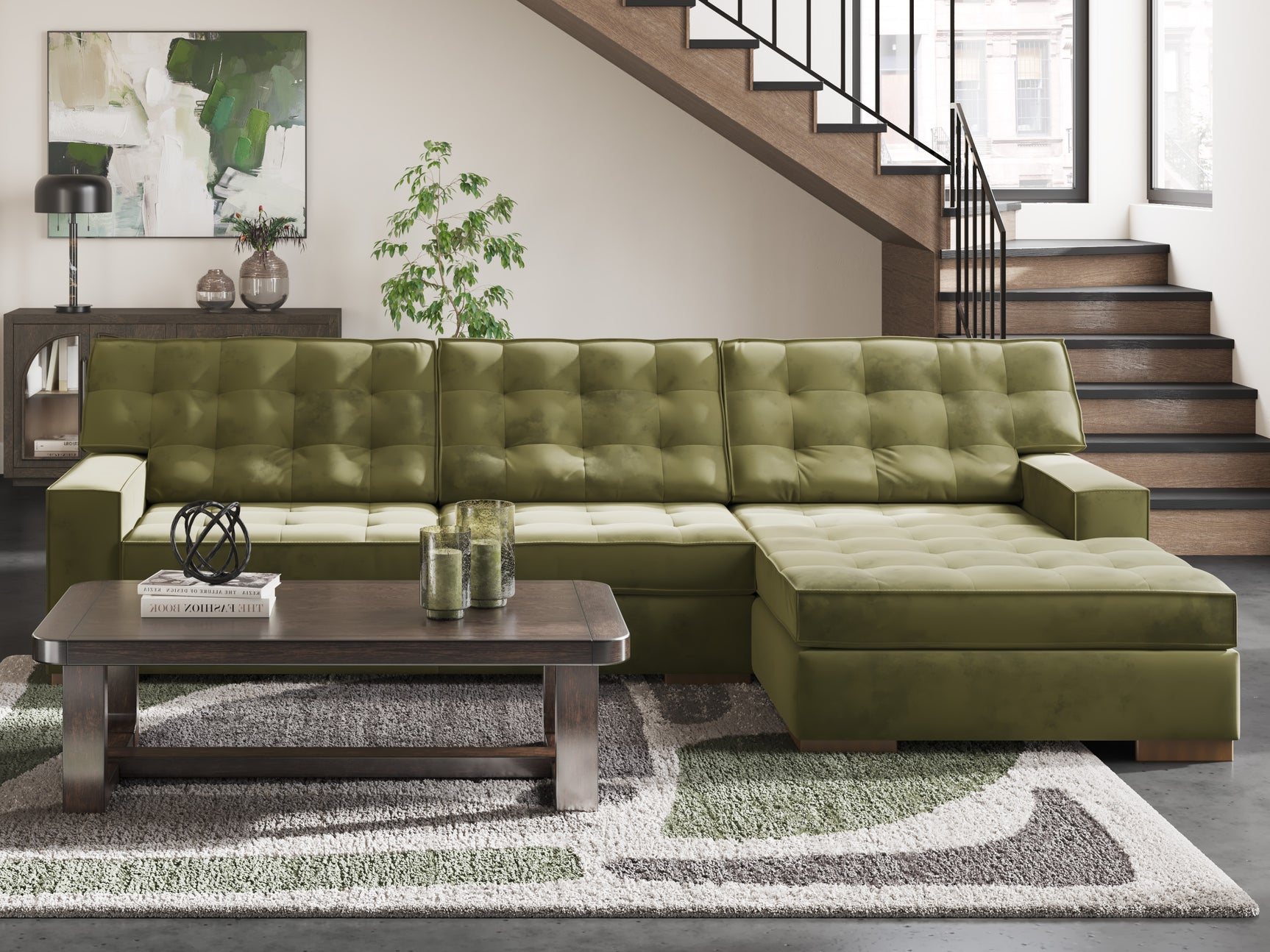 Caspian-Town Olive 2-Piece Sectional with Chaise