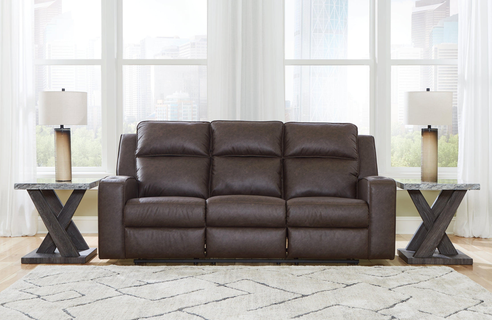 Lavenhorne Granite Faux Leather Reclining Sofa With Drop Down Table - Ella Furniture