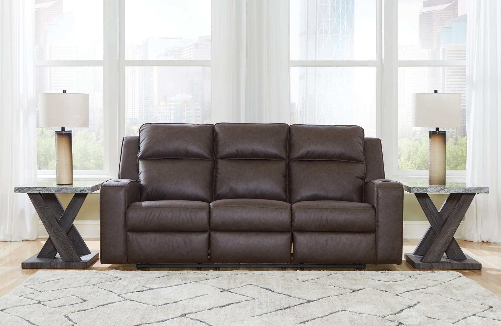 Lavenhorne Granite Faux Leather Reclining Sofa With Drop Down Table - Ella Furniture