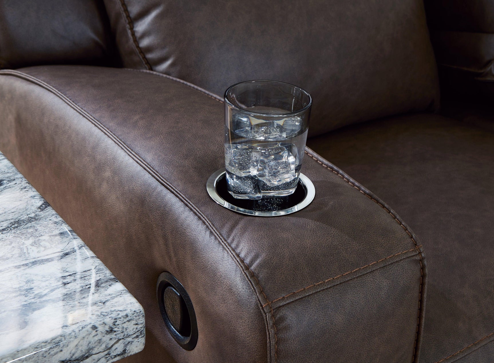 Lavenhorne Granite Faux Leather Reclining Sofa With Drop Down Table - Ella Furniture