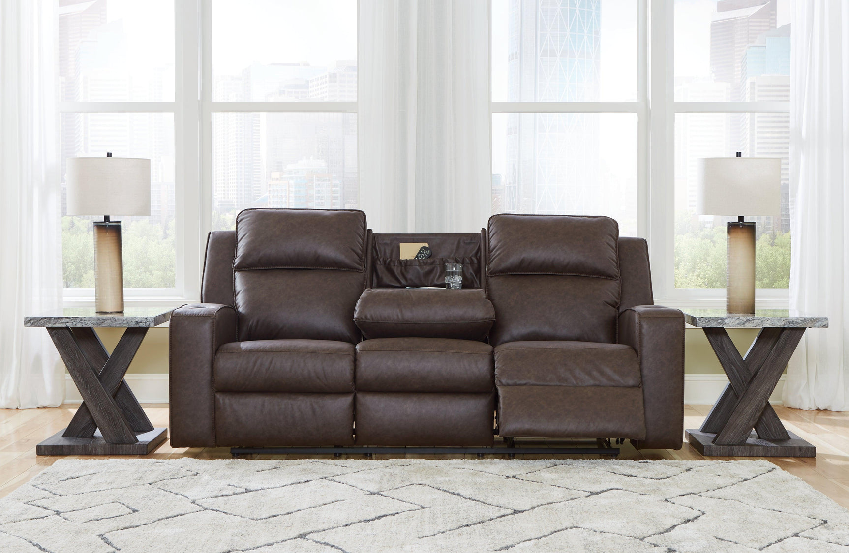 Lavenhorne Granite Faux Leather Reclining Sofa With Drop Down Table - Ella Furniture