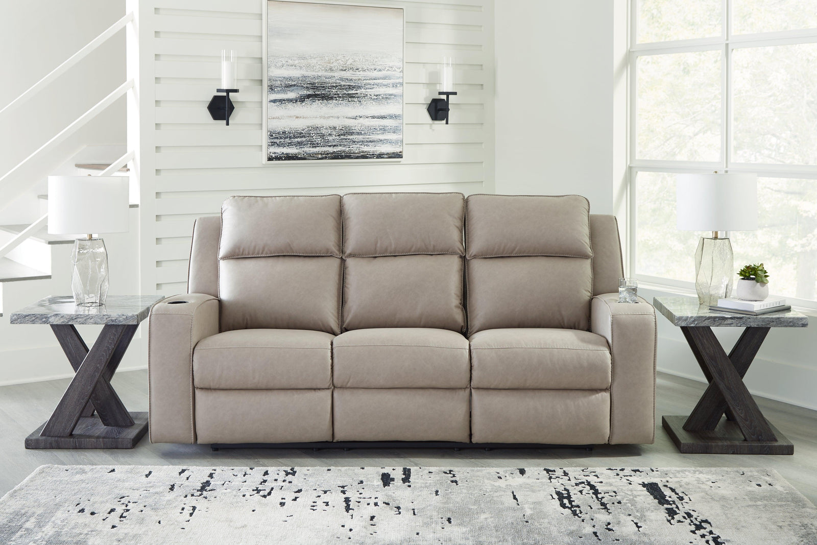 Lavenhorne Pebble Faux Leather Reclining Sofa With Drop Down Table - Ella Furniture