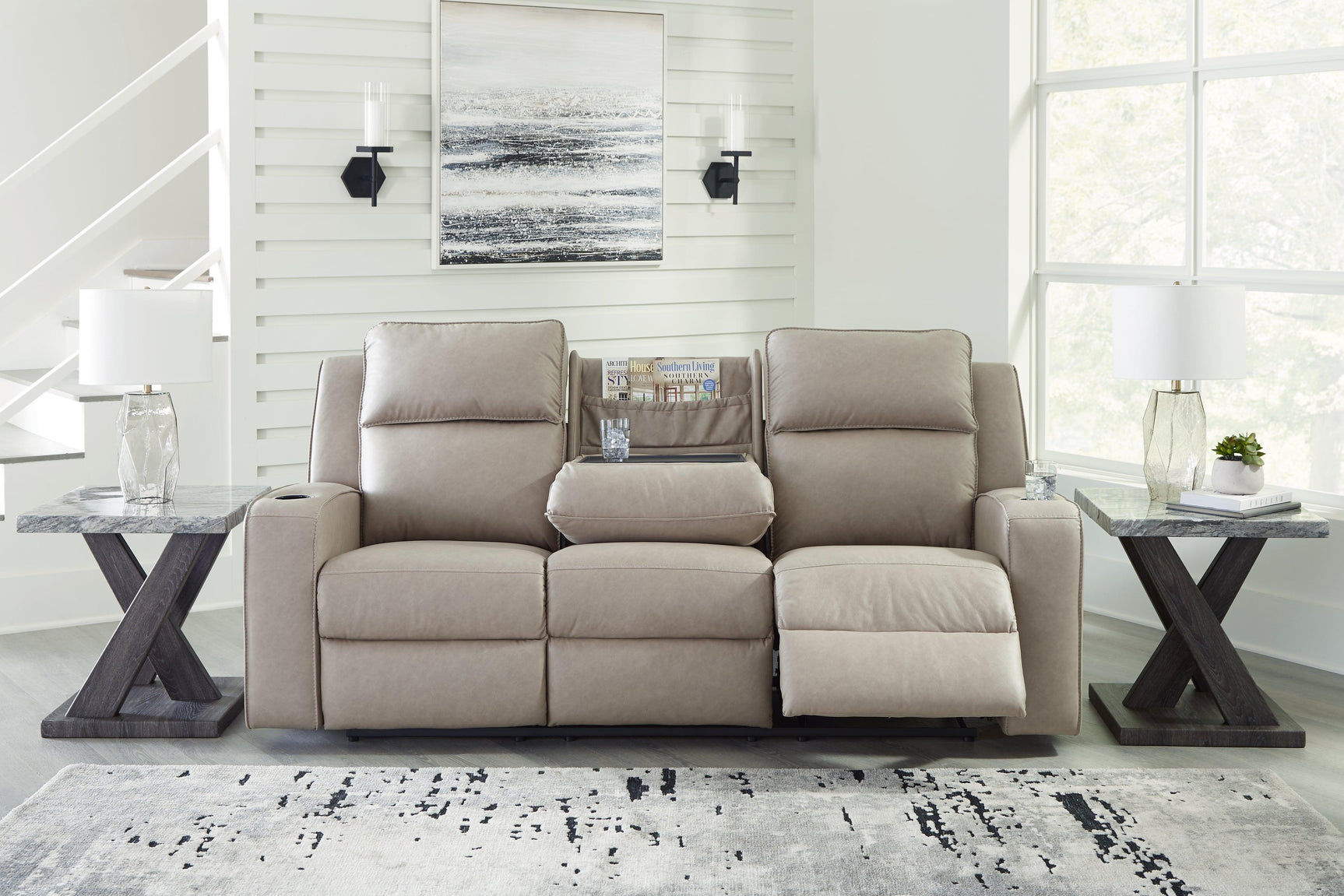 Lavenhorne Pebble Faux Leather Reclining Sofa With Drop Down Table - Ella Furniture