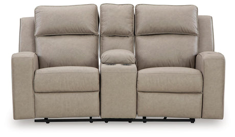 Lavenhorne Pebble Faux Leather Reclining Loveseat With Console - Ella Furniture