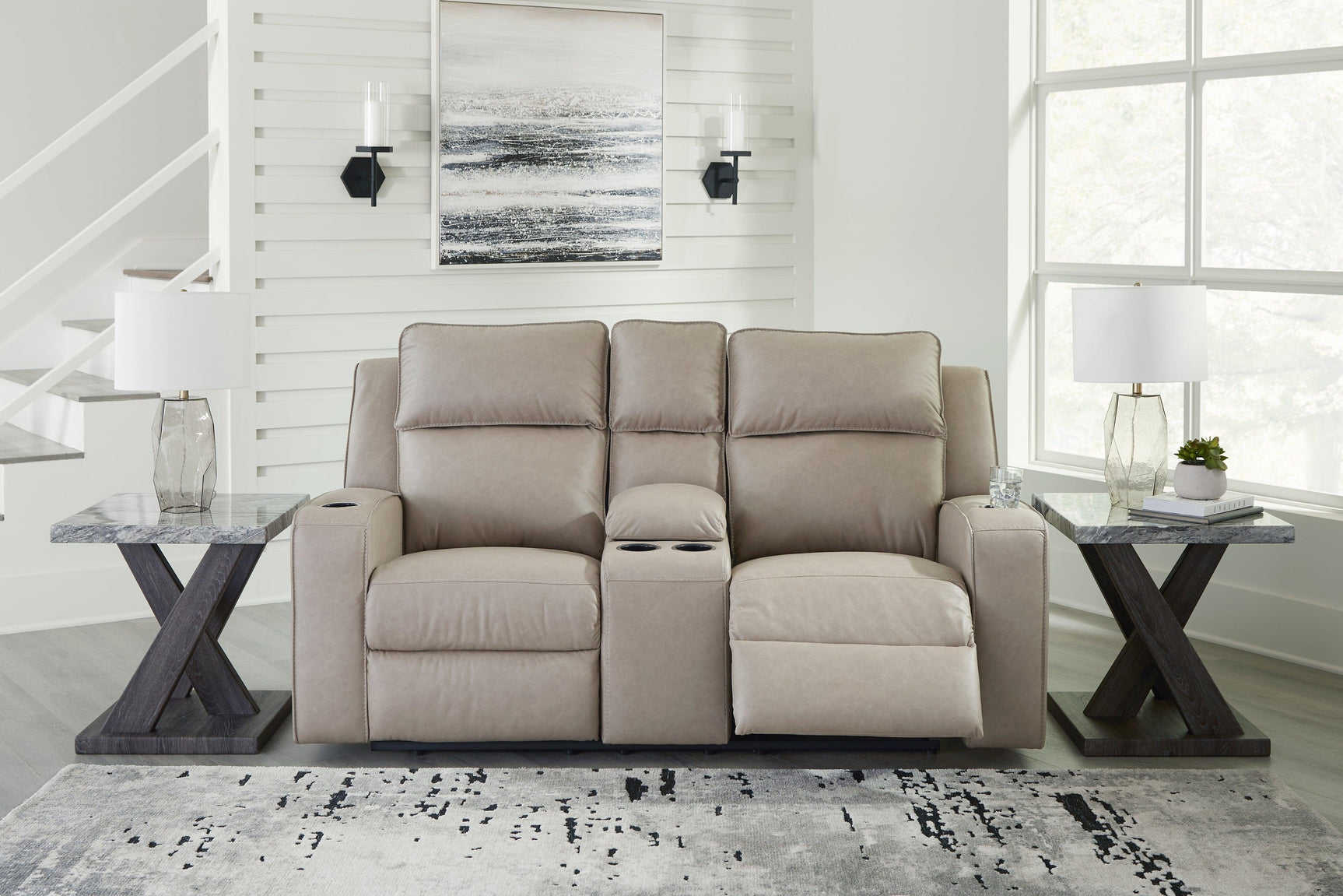 Lavenhorne Pebble Faux Leather Reclining Loveseat With Console - Ella Furniture