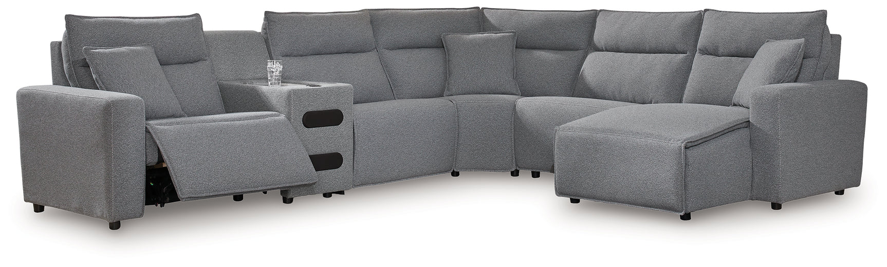 ModMax II Salt and Pepper Next-Gen Nuvella™ 6-Piece Reclining Sectional with Chaise and Audio Console