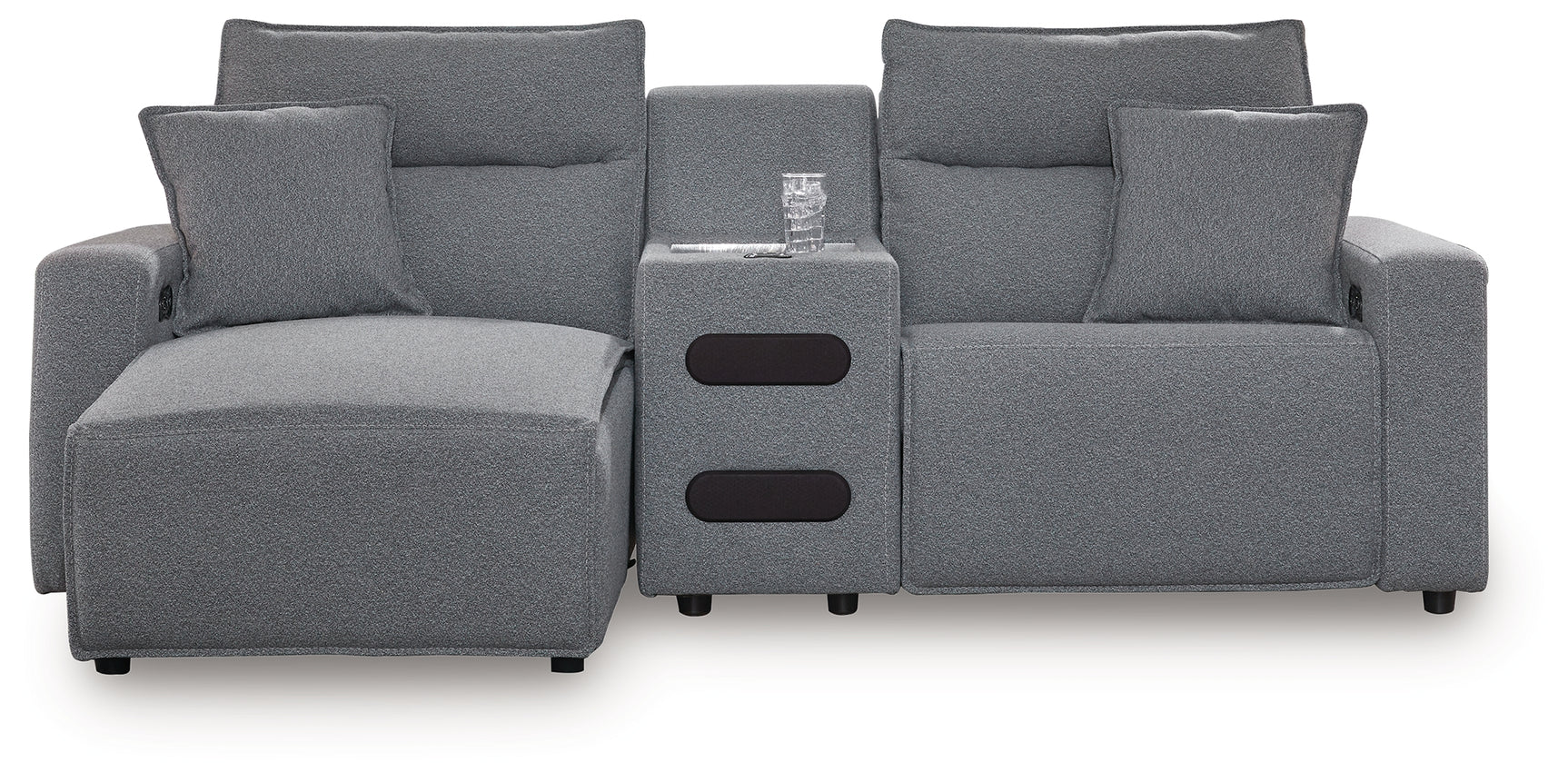 Modmax II Salt and Pepper Next-Gen Nuvella™ 3-Piece Power Reclining Sectional with Chaise and Audio Console