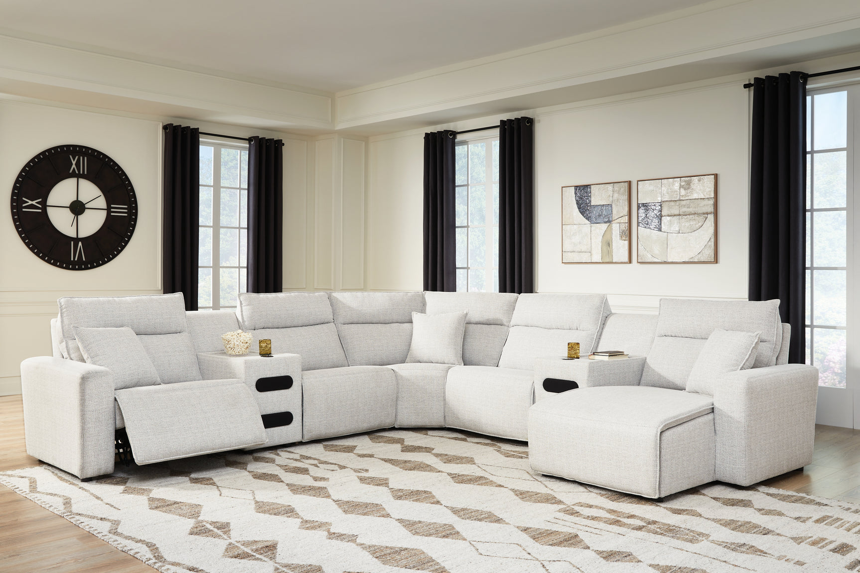 Modmax II Stone 7-Piece Power Reclining Sectional with Chaise and Audio Consoles