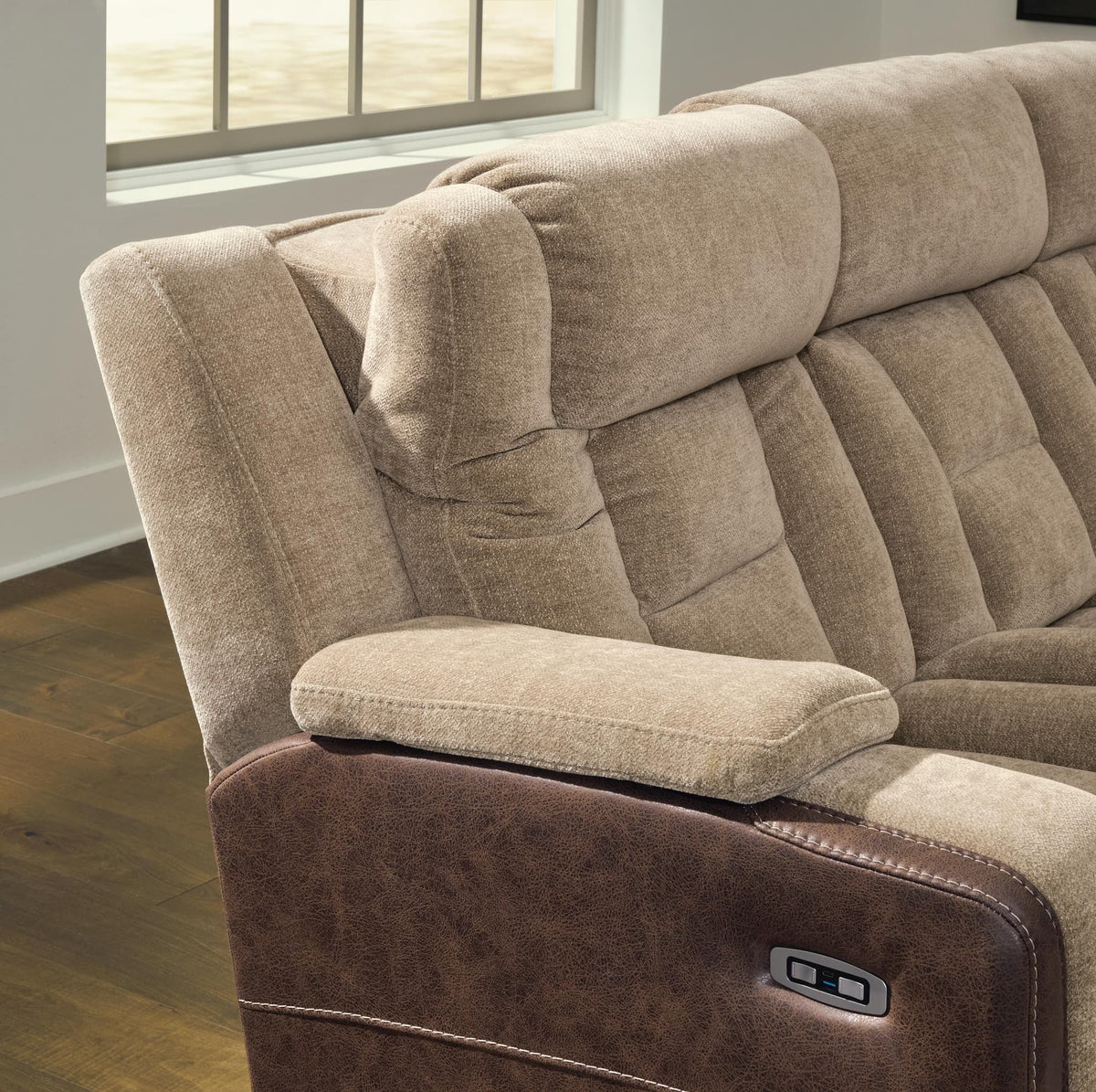 Mixed Motion Brownstone Chenille / Faux Leather Power Reclining Loveseat with Console — product image 8