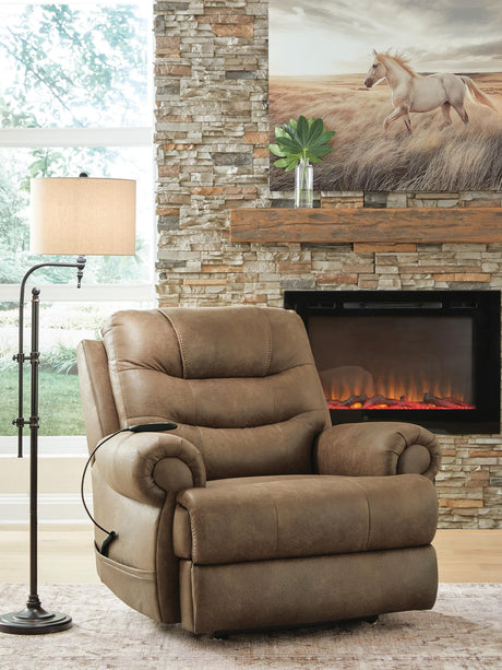 Revived and Restored Earth Faux Leather Power Lift Recliner — angled view