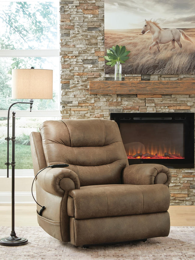 Revived and Restored Earth Faux Leather Power Lift Recliner — angled view