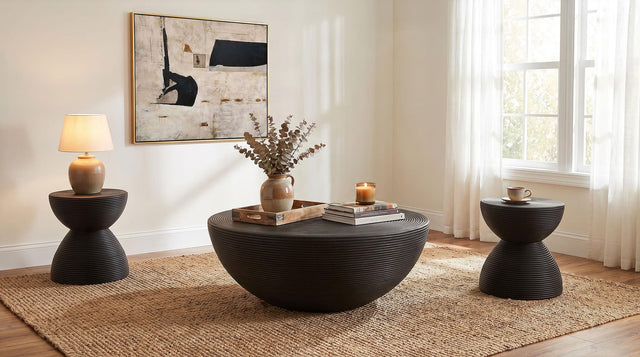 Macedo 3-Piece Transitional Round Rattan Coffee and End Table Set Black — product view