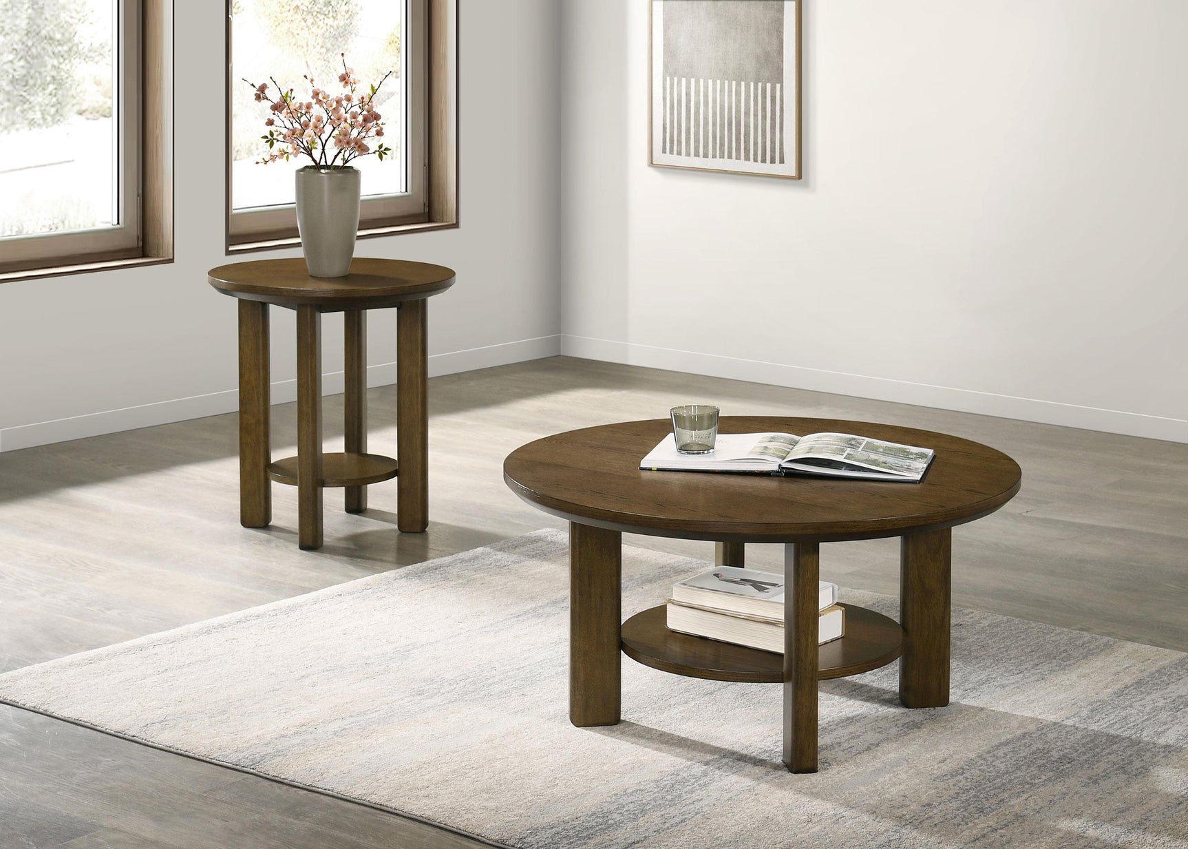Ottowa Round Wood Side End Table with Shelf Brown
