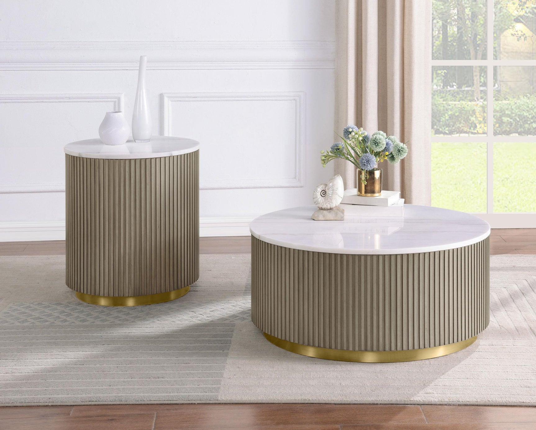 Jason Round White Marble Top Side End Table Greige