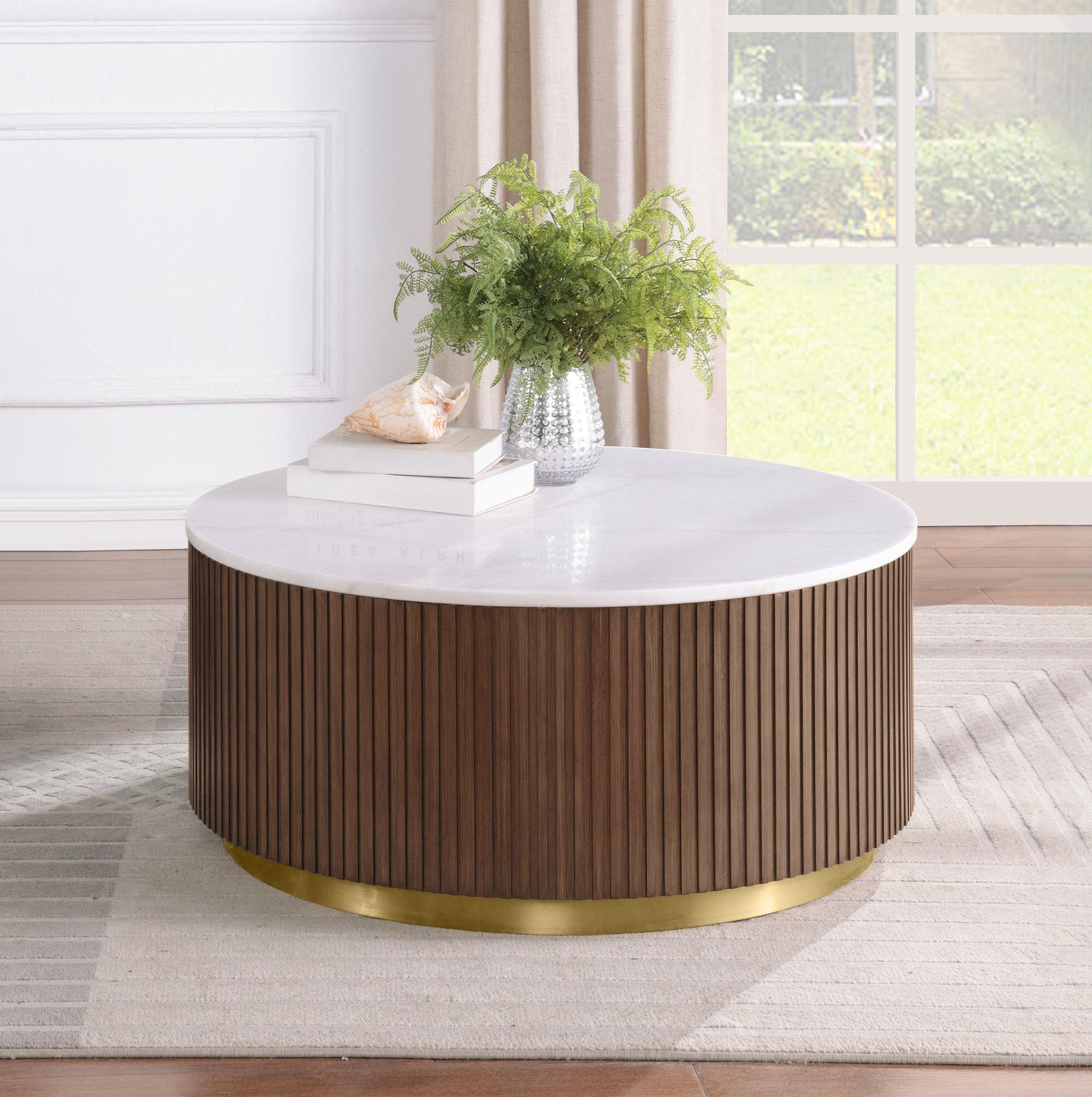 Jason Round White Marble Top Coffee Table Honey Brown