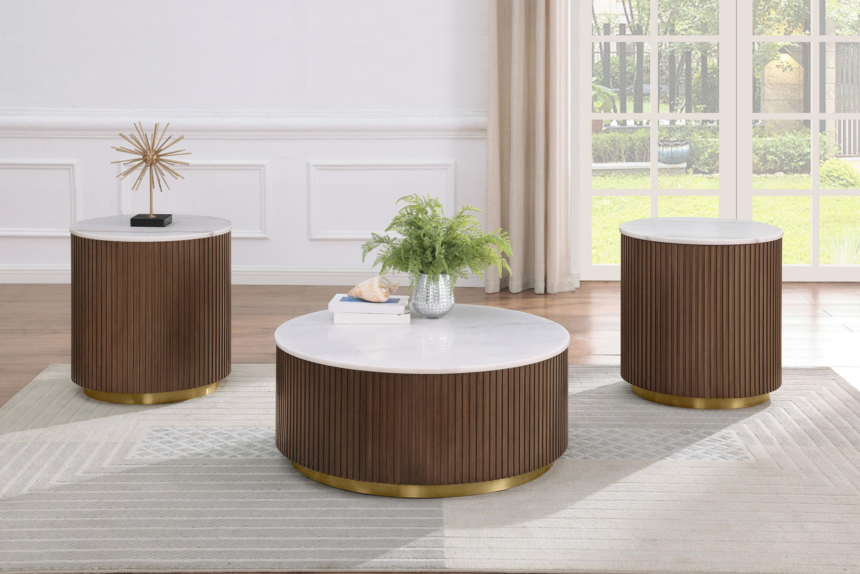 Jason Round White Marble Top Coffee Table Honey Brown