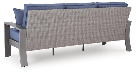 Half Blue/Gray Moon Beach Outdoor Sofa with 2 Lounge Chairs — back view