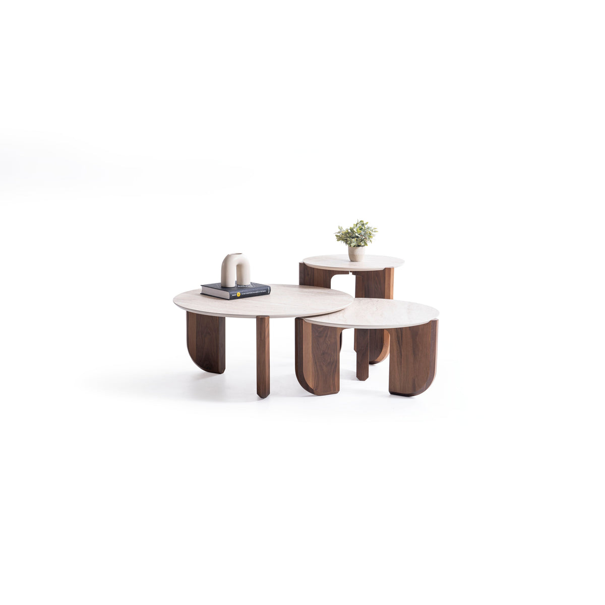 Olena Walnut-Travertine 3-Piece Coffee Table Set