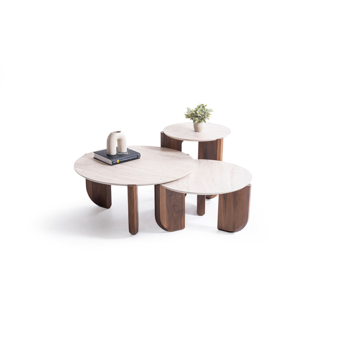 Olena Walnut-Travertine 3-Piece Coffee Table Set
