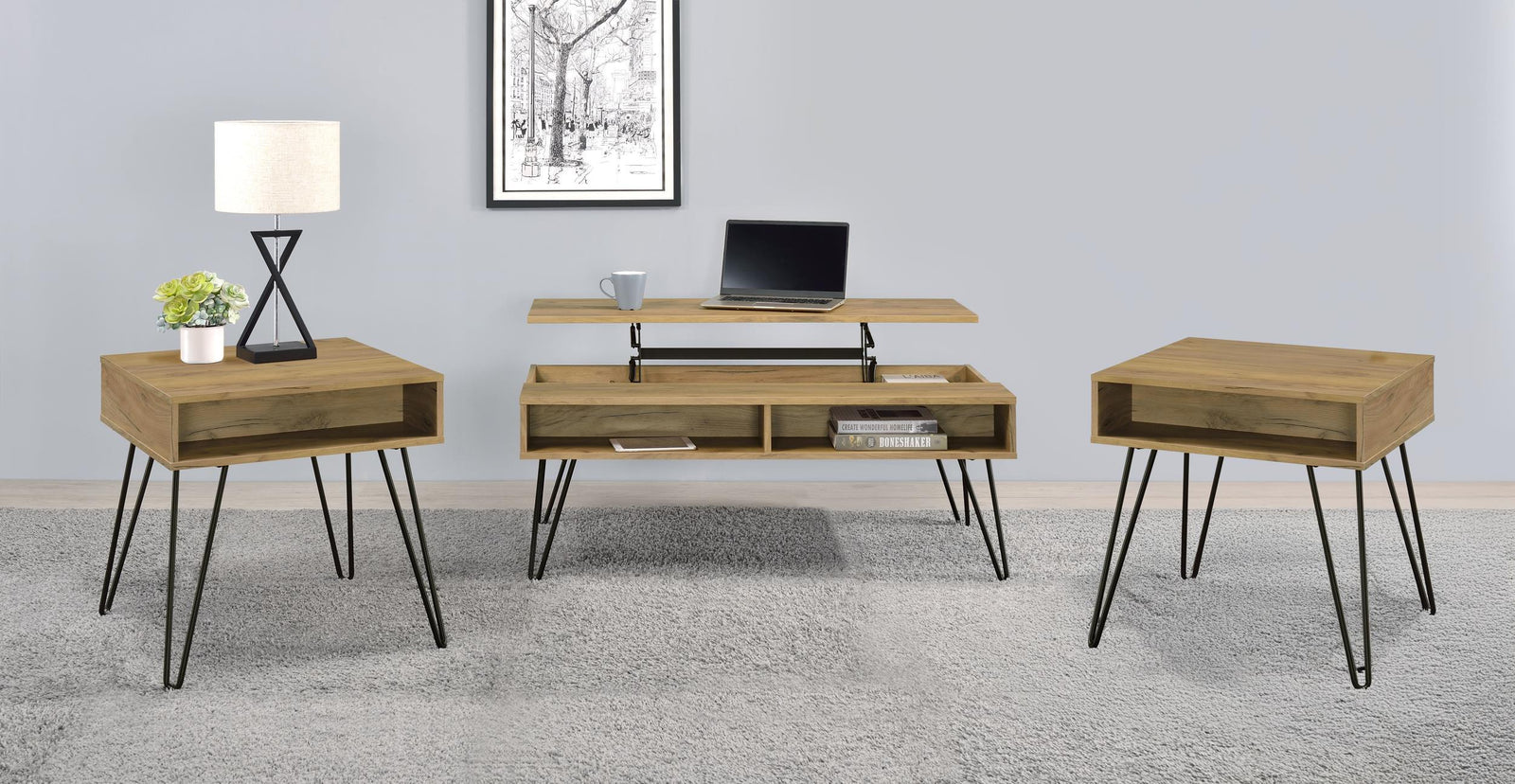 Fanning 3-piece Lift Top Coffee and End Table Set Golden Oak