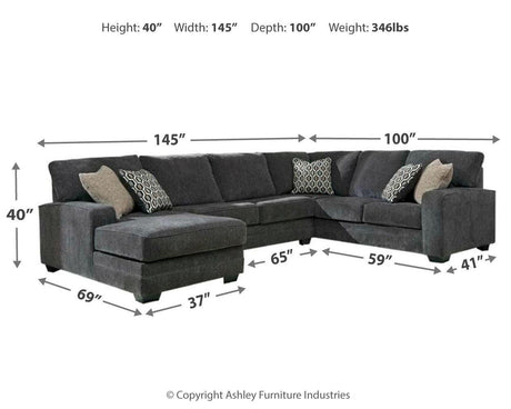 Tracling Slate Chenille 3-Piece Sectional with Chaise dimension view