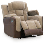 Mixed Motion Brownstone Chenille / Faux Leather Power Recliner — angled view