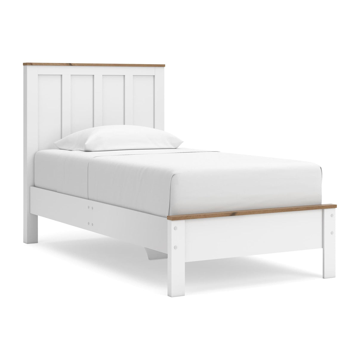 Kerisden White/Brown Twin Panel Complete Bed Frame — angled view