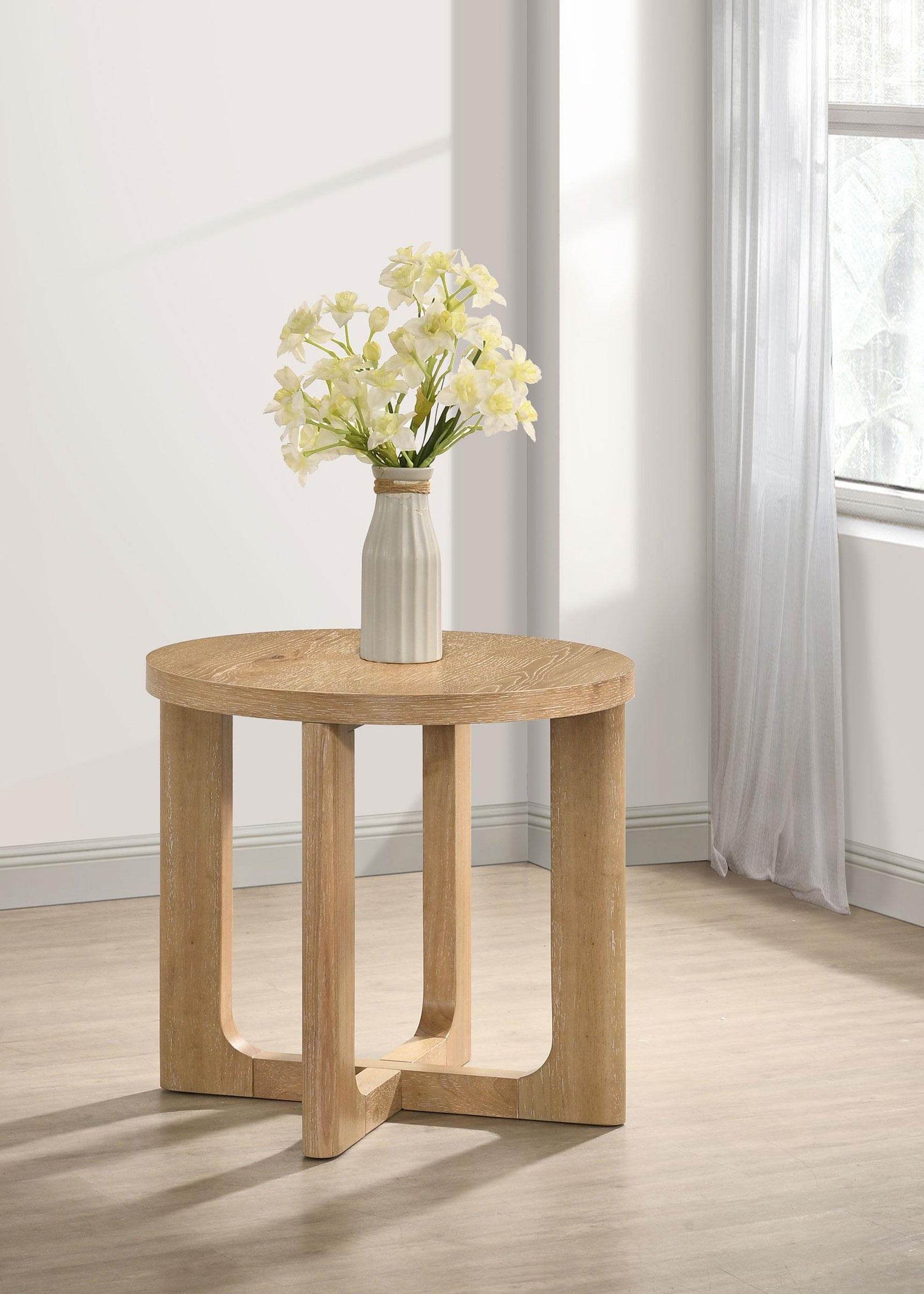 Kessler Round Sculptural Wood End Table Light Oak