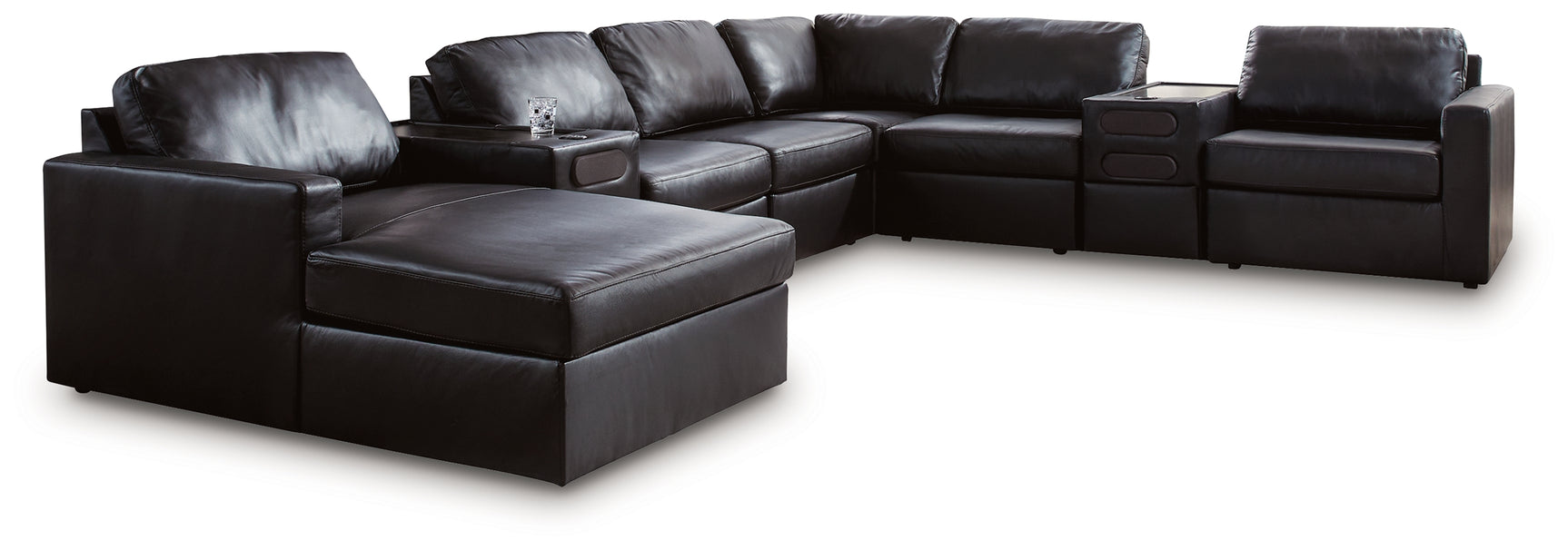 Modmax II Black Leather 8-Piece Sectional with Chaise and Audio Consoles