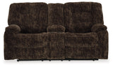 Soundwave Chocolate Velvet Reclining Loveseat With Console