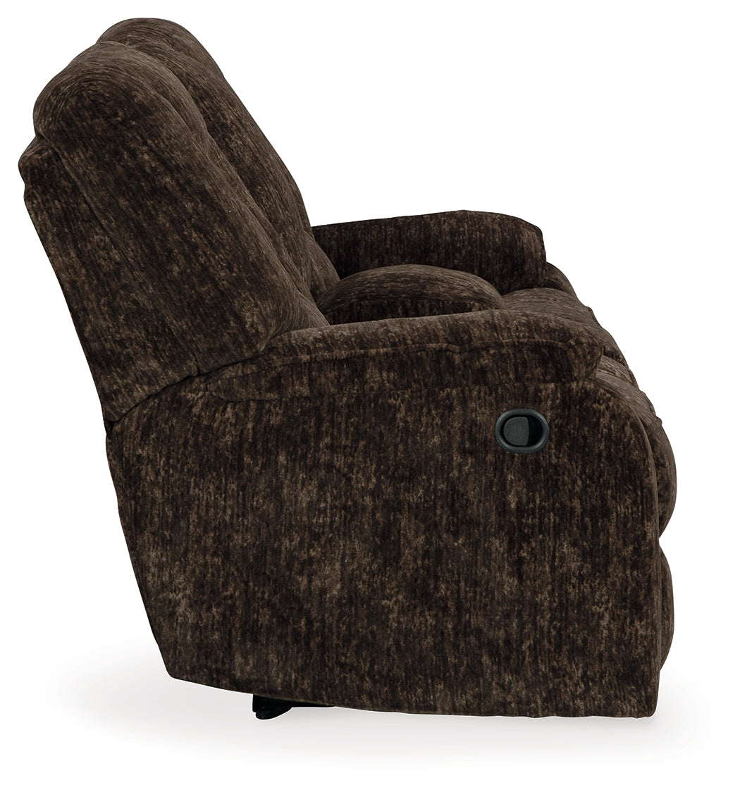 Soundwave Chocolate Velvet Reclining Loveseat With Console