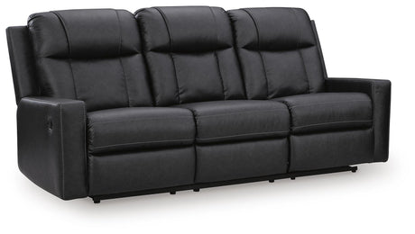 Mackmenville Carbon Faux Leather Reclining Sofa angled view