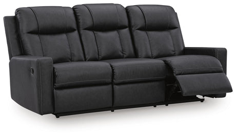Mackmenville Carbon Faux Leather Reclining Sofa angled view