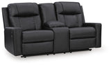 Mackmenville Carbon Faux Leather Reclining Loveseat with Console angled view