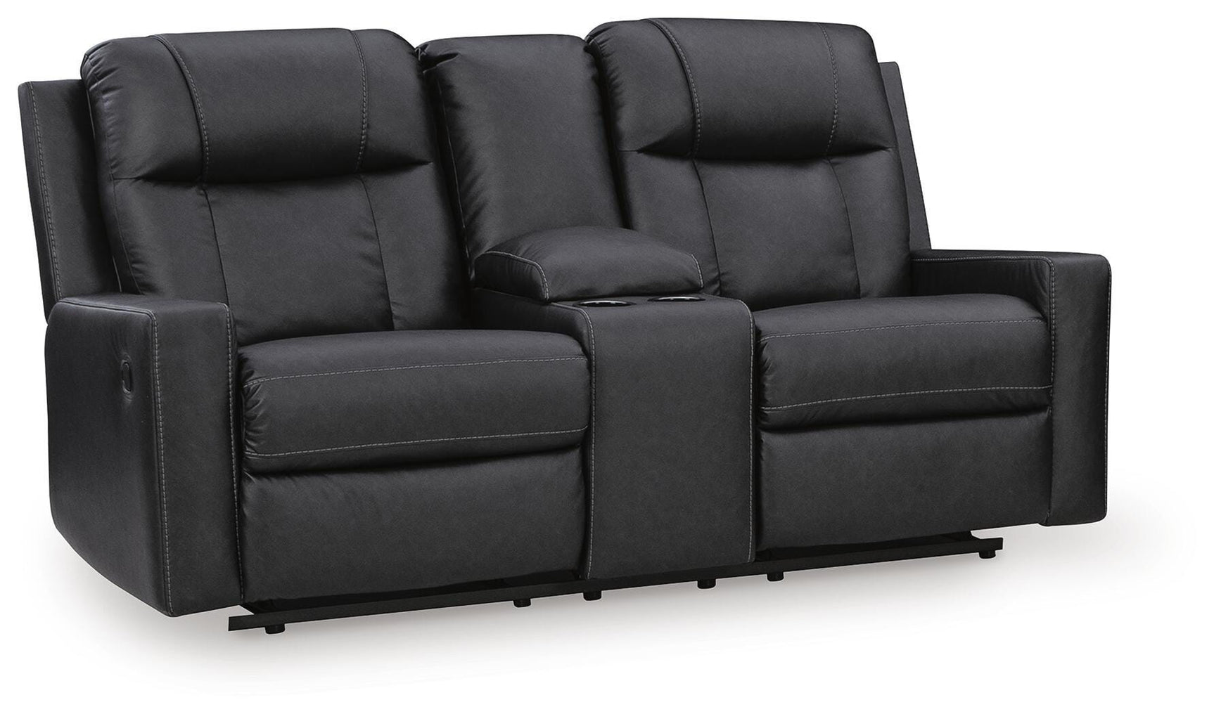 Mackmenville Carbon Faux Leather Reclining Loveseat with Console angled view