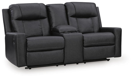 Mackmenville Carbon Faux Leather Reclining Loveseat with Console angled view
