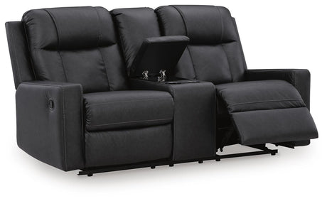 Mackmenville Carbon Faux Leather Reclining Loveseat with Console angled view