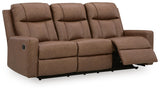 Mackmenville Caramel Faux Leather Reclining Sofa angled view