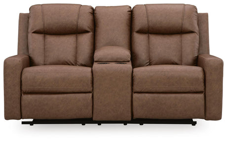 Mackmenville Caramel Faux Leather Reclining Loveseat with Console view 5