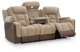 Mixed Motion Brownstone Chenille / Faux Leather Power Reclining Sofa — angled view