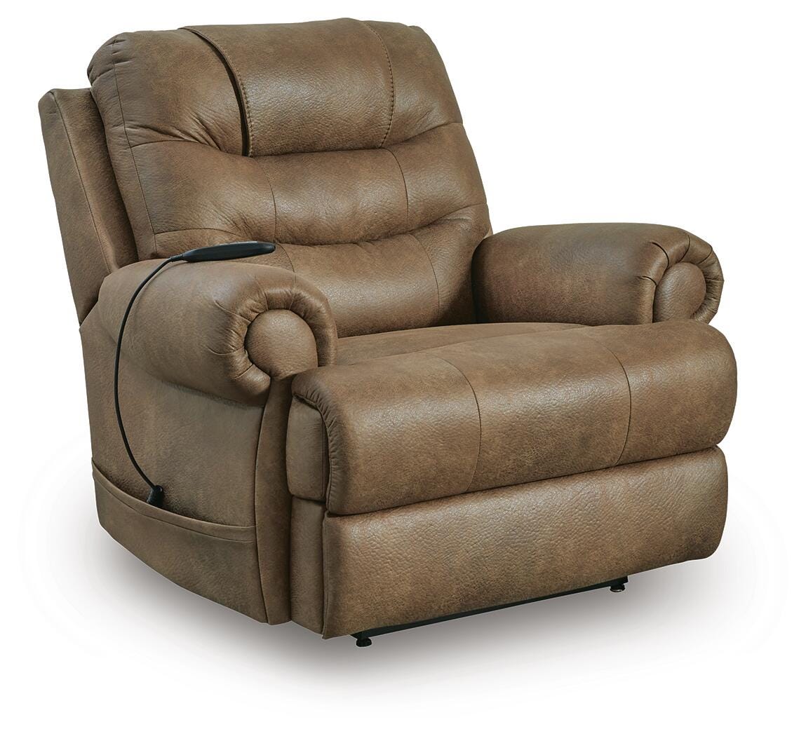 Revived and Restored Earth Faux Leather Power Lift Recliner — angled view
