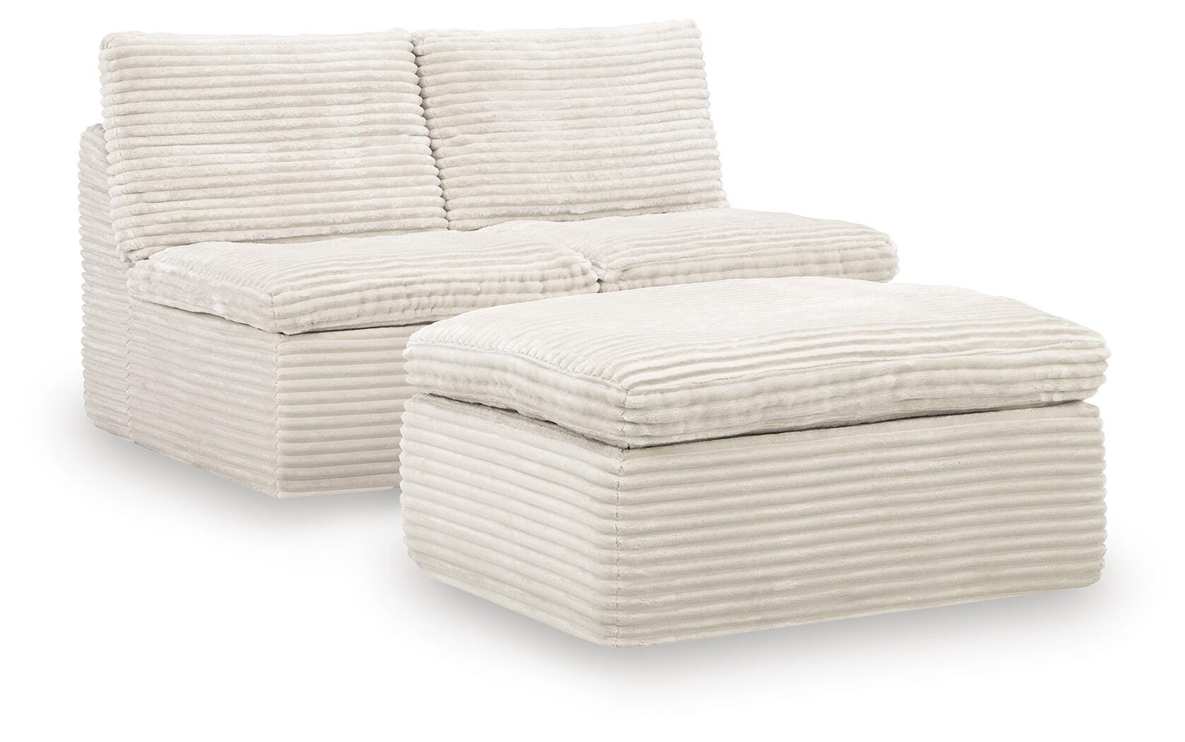 Fannin Ivory Chenille Armless Chair with Ottoman